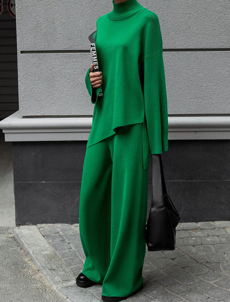 Asymmetrical Sweater and Knit Wide-leg Pants Set