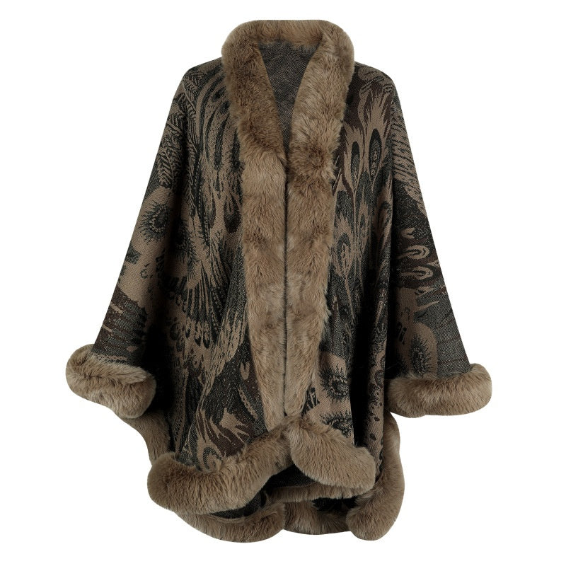Faux Fur Trimmed Printed Cape