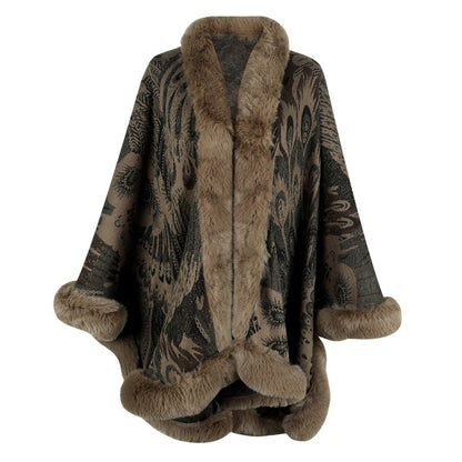 Faux Fur Trimmed Printed Cape