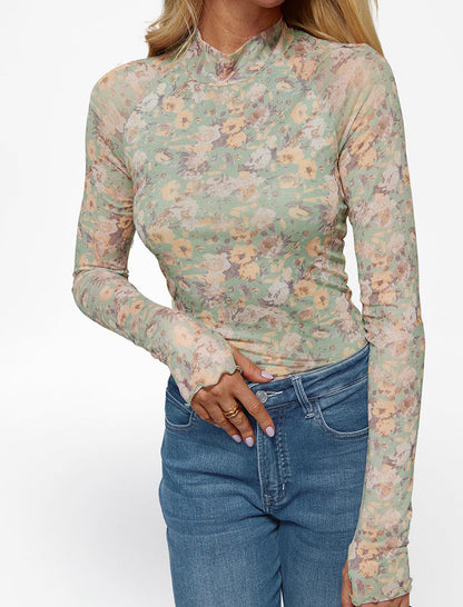 Floral Mesh Long-Sleeve Top with High Neck