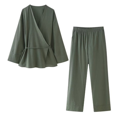 Wrap-Style Top and Wide-Leg Pants Set