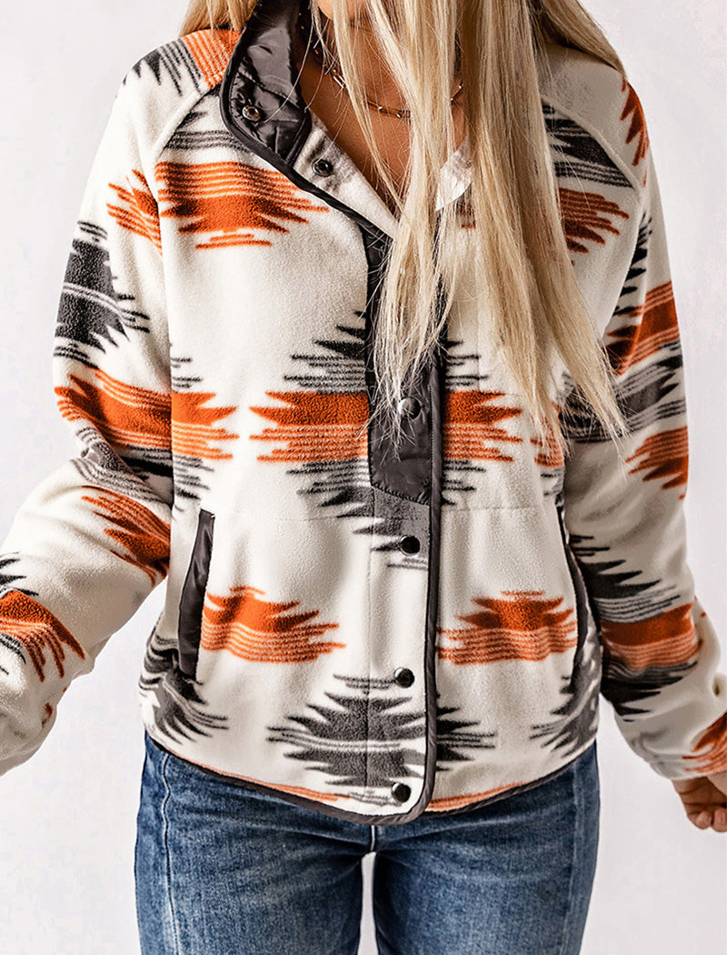 Aztec Print Button-Up Fleece Jacket