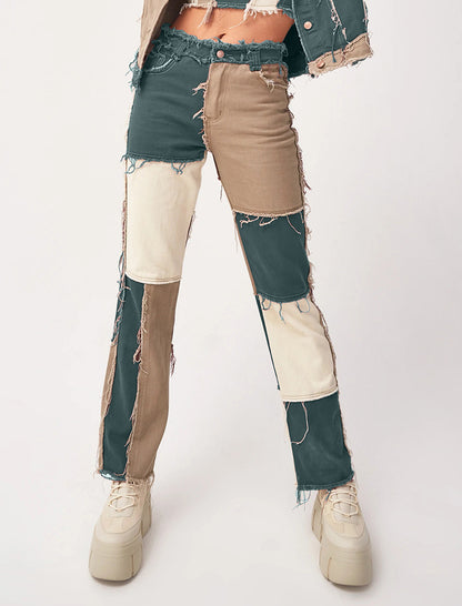 Patchwork Distressed Straight Jeans