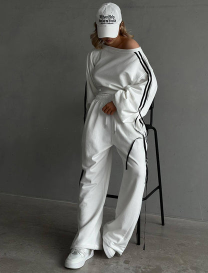 Color-Blocked Drawstring Waist Off-Shoulder Hoodie and Pants Set