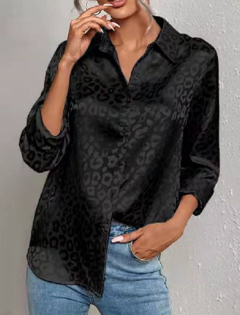 Leopard Print Satin Button-Up Top