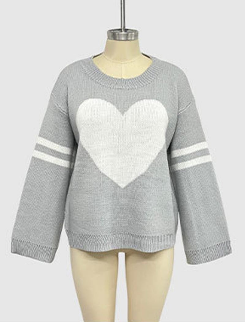 Heart Patterned Knit Sweater with Striped Sleeves