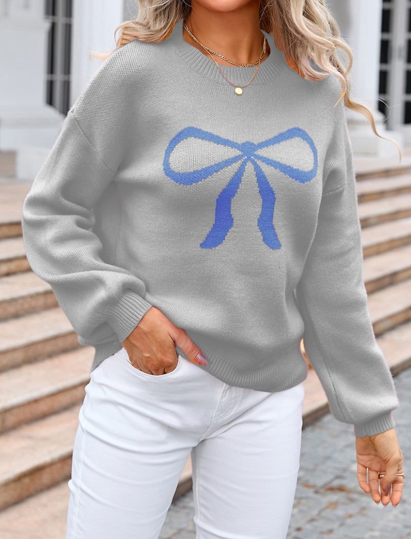 Crew Neck Sweater with Bow Graphic