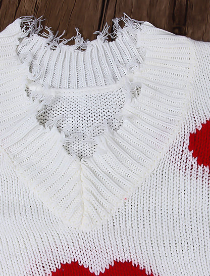 Heart Pattern Distressed V-Neck Sweater