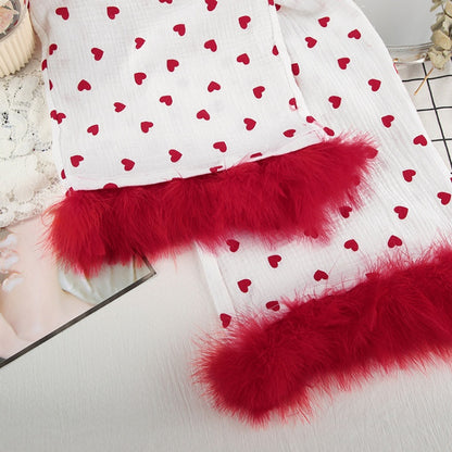 Heart Print Pajama Set with Feather Trim