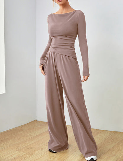 Fitted Long-Sleeve Top and Wide-Leg Pants Set