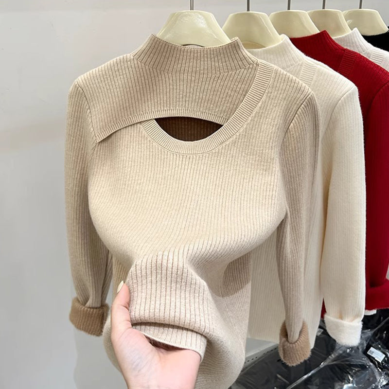 Fleece-Lined Mock Neck Cutout Sweater