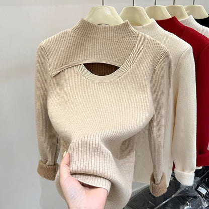 Fleece-Lined Mock Neck Cutout Sweater