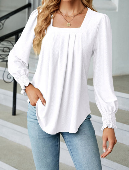 Jacquard Pleated Square Neck Long Sleeve Top