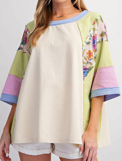 Striped Floral Panel Raglan Top