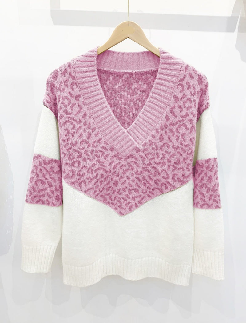 Leopard Print V-Neck Sweater with Colorblock Design