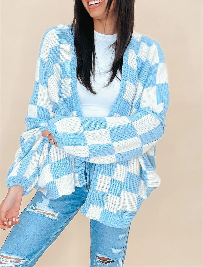 Checkered Open-Front Knit Cardigan