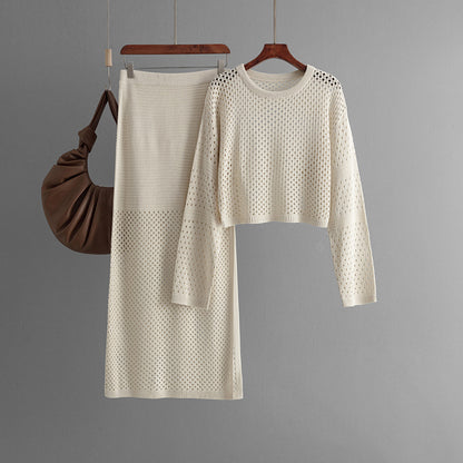 Hollow Knit Sweater and Long Skirt Set