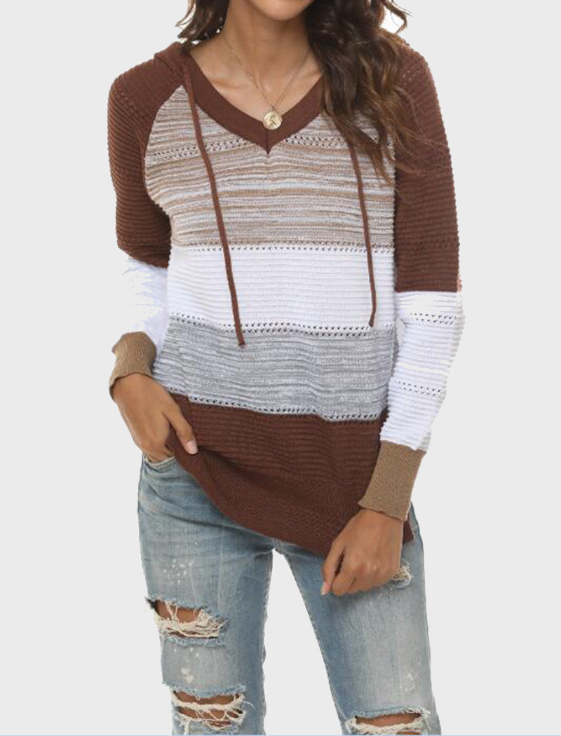 Striped V-Neck Knit Hooded Sweater