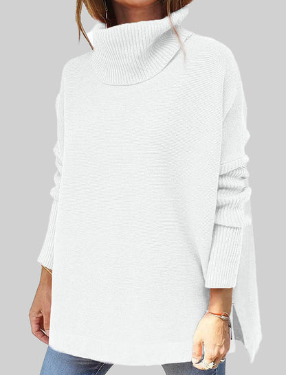 High Neck Batwing Sleeve Slit Hem Waist-Tie Sweater