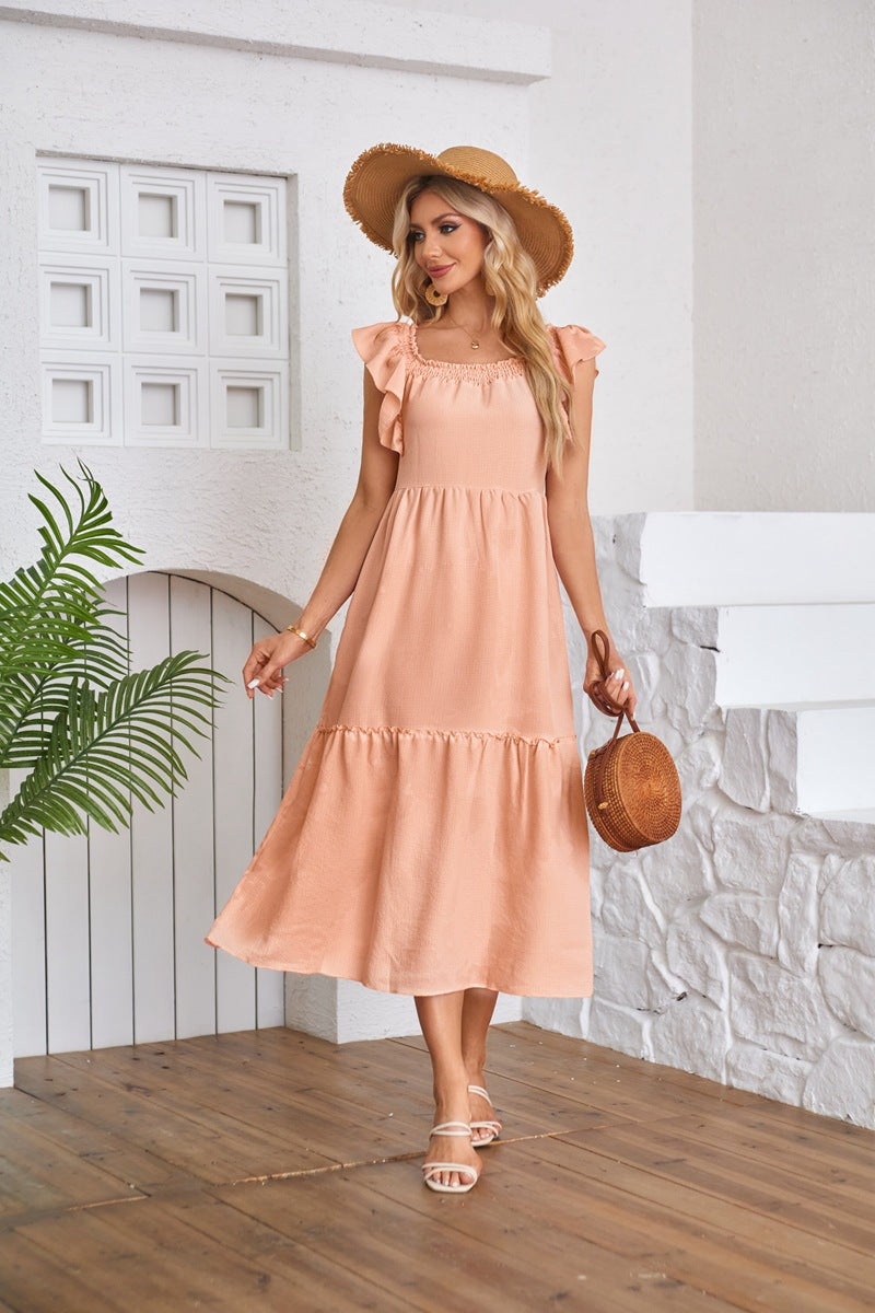 Solid Ruffle Sleeve Midi Dress