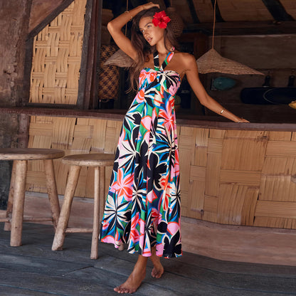 Halter Tropical Print A-Line Dress