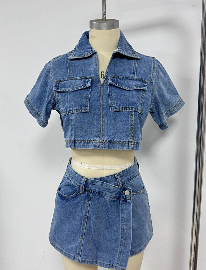 V-Neck Short Sleeve Top and Skirt Denim Set