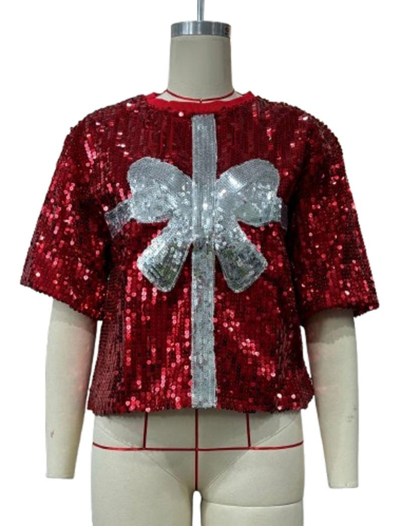 Sequin Gift Bow Cropped Top