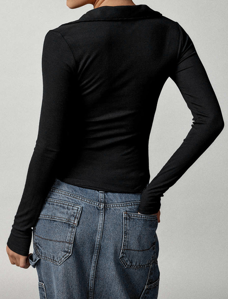 Collared V-Neck Fitted Long Sleeve Top