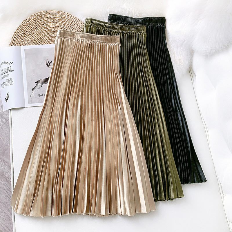 Pleated Metallic A-Line Midi Skirt