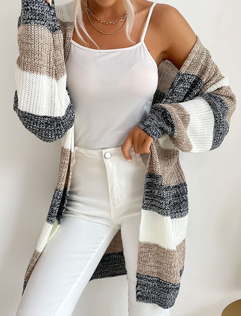 Striped Open-Front Knit Cardigan