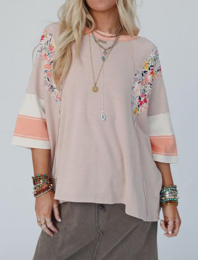 Striped Floral Panel Raglan Top