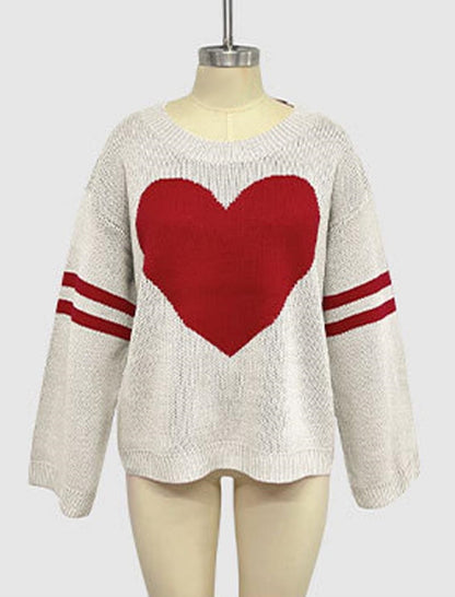 Heart Patterned Knit Sweater with Striped Sleeves