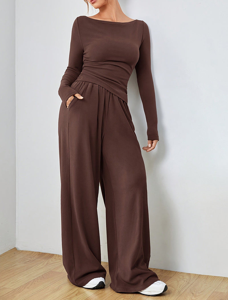 Fitted Long-Sleeve Top and Wide-Leg Pants Set