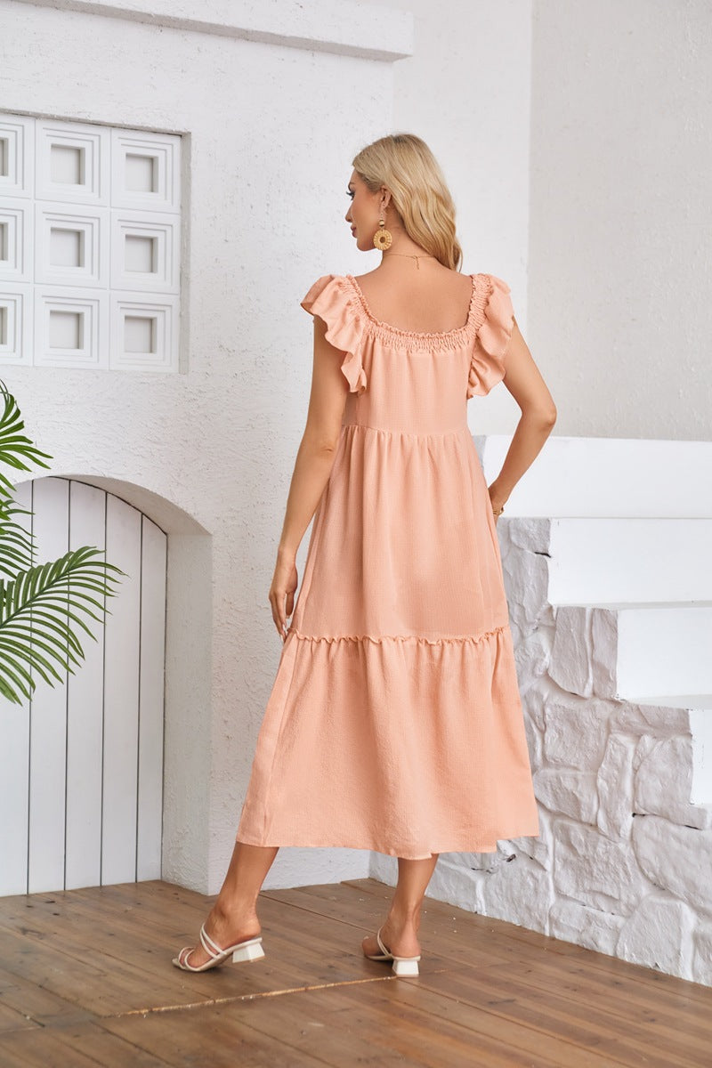 Solid Ruffle Sleeve Midi Dress