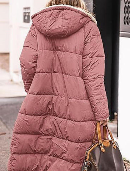 Long Hooded Puffer Coat with Quilted Design