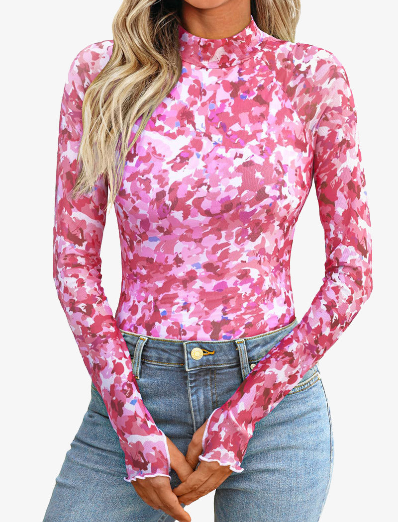 Floral Mesh Long-Sleeve Top with High Neck