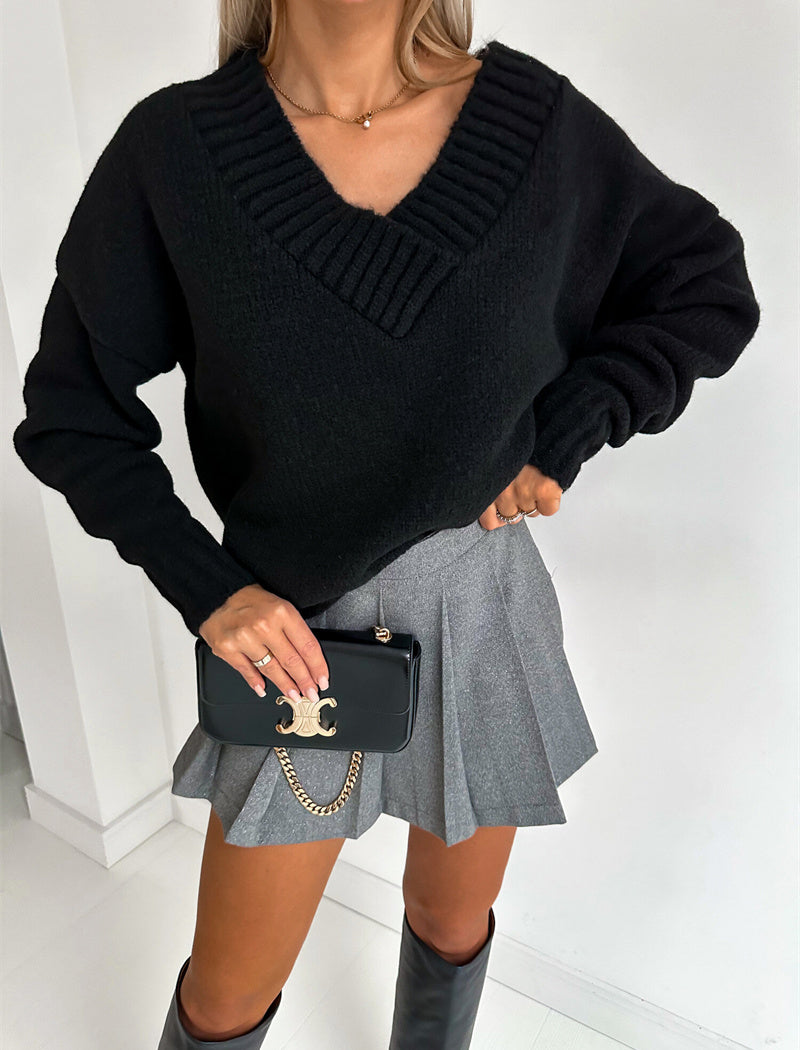 Solid V Neck Knit Sweater