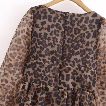 Animal Print Long Sleeve Puff Dress