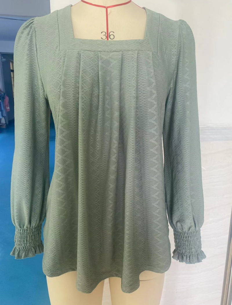 Jacquard Pleated Square Neck Long Sleeve Top