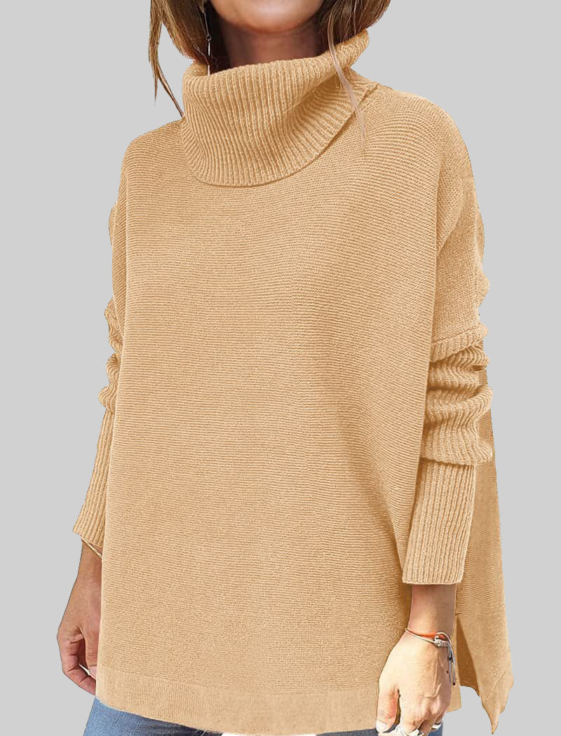 High Neck Batwing Sleeve Slit Hem Waist-Tie Sweater