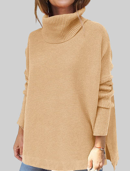 High Neck Batwing Sleeve Slit Hem Waist-Tie Sweater