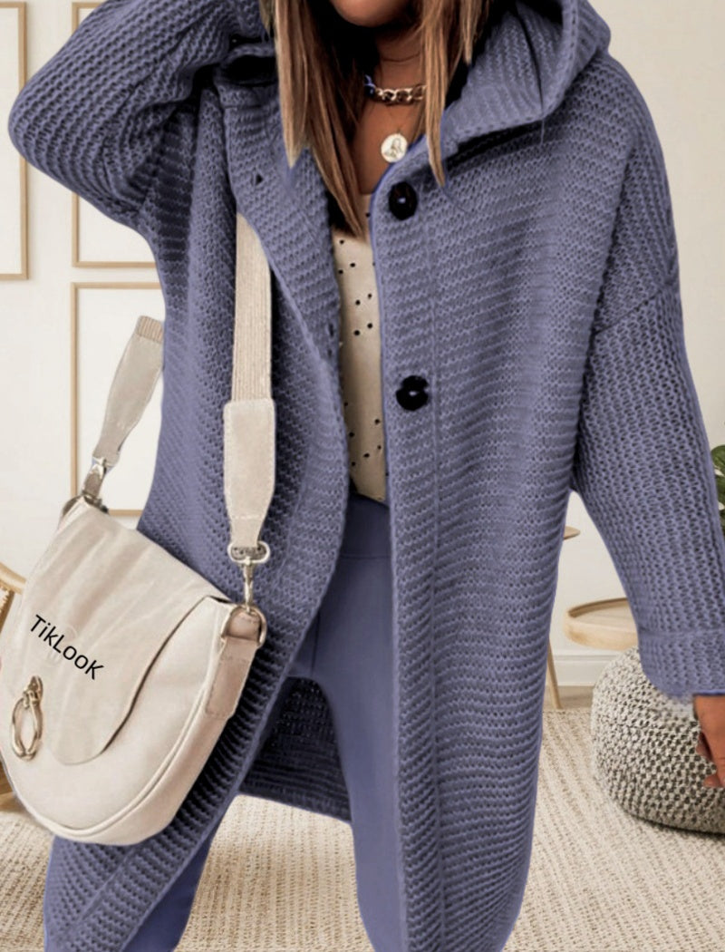 Oversized Button-Up Knit Hooded Cardigan