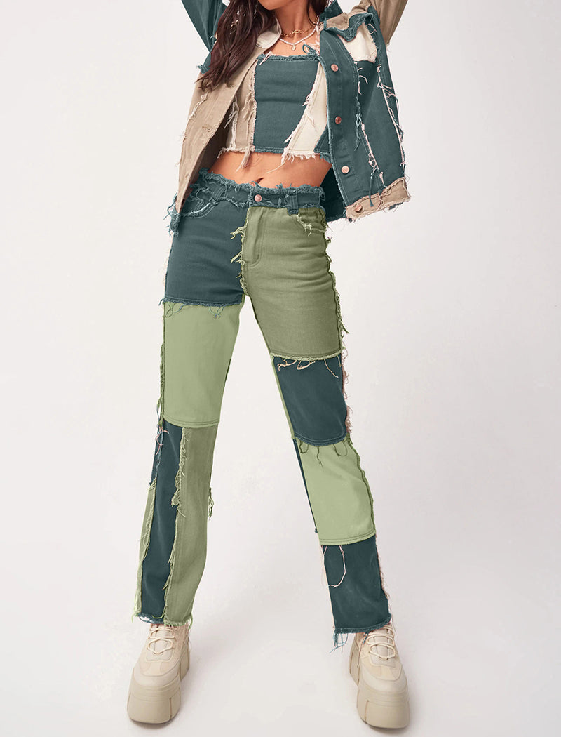 Patchwork Distressed Straight Jeans