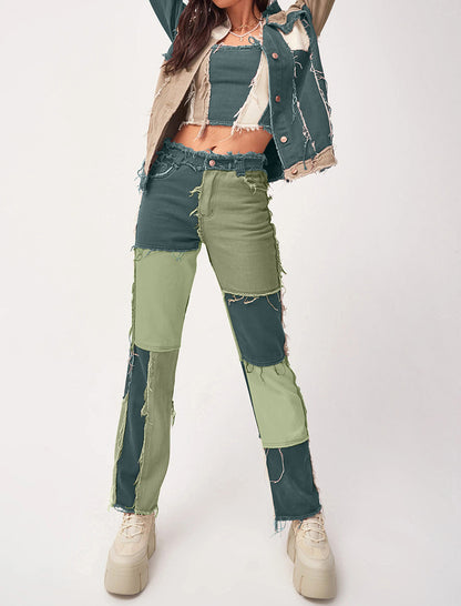 Patchwork Distressed Straight Jeans