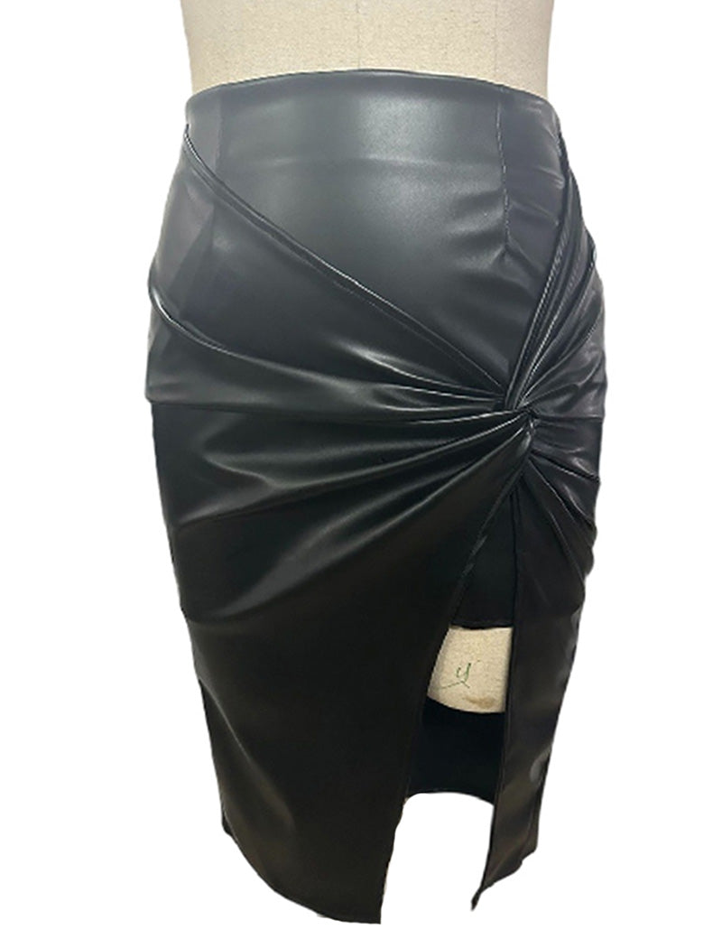 Faux Leather Wrap Midi Skirt