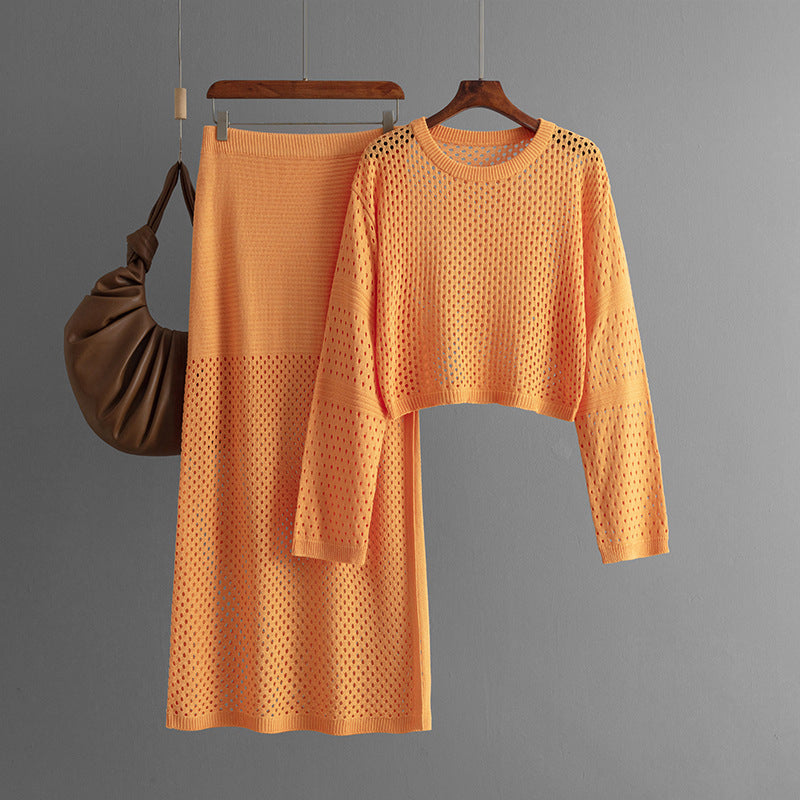 Hollow Knit Sweater and Long Skirt Set