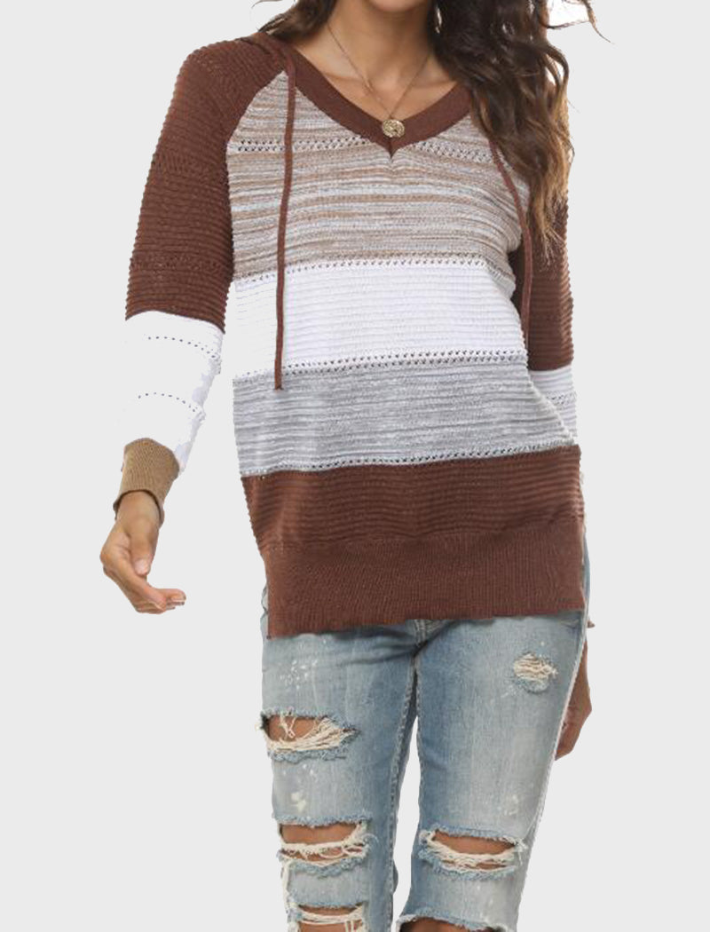 Striped V-Neck Knit Hooded Sweater