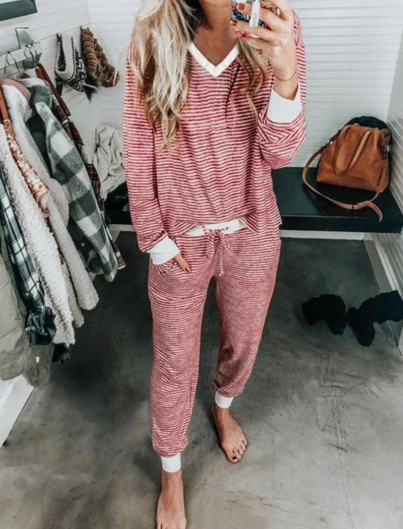 Striped Cozy Lounge Set with V-Neck