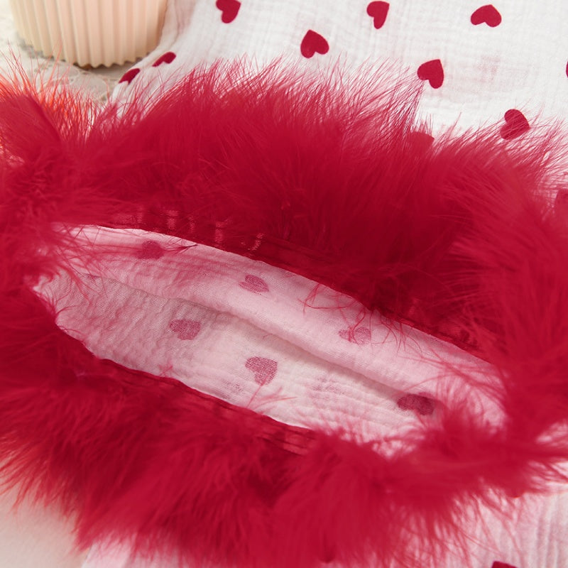 Heart Print Pajama Set with Feather Trim