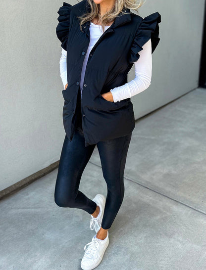 Ruffle Trim Quilted Sleeveless Vest